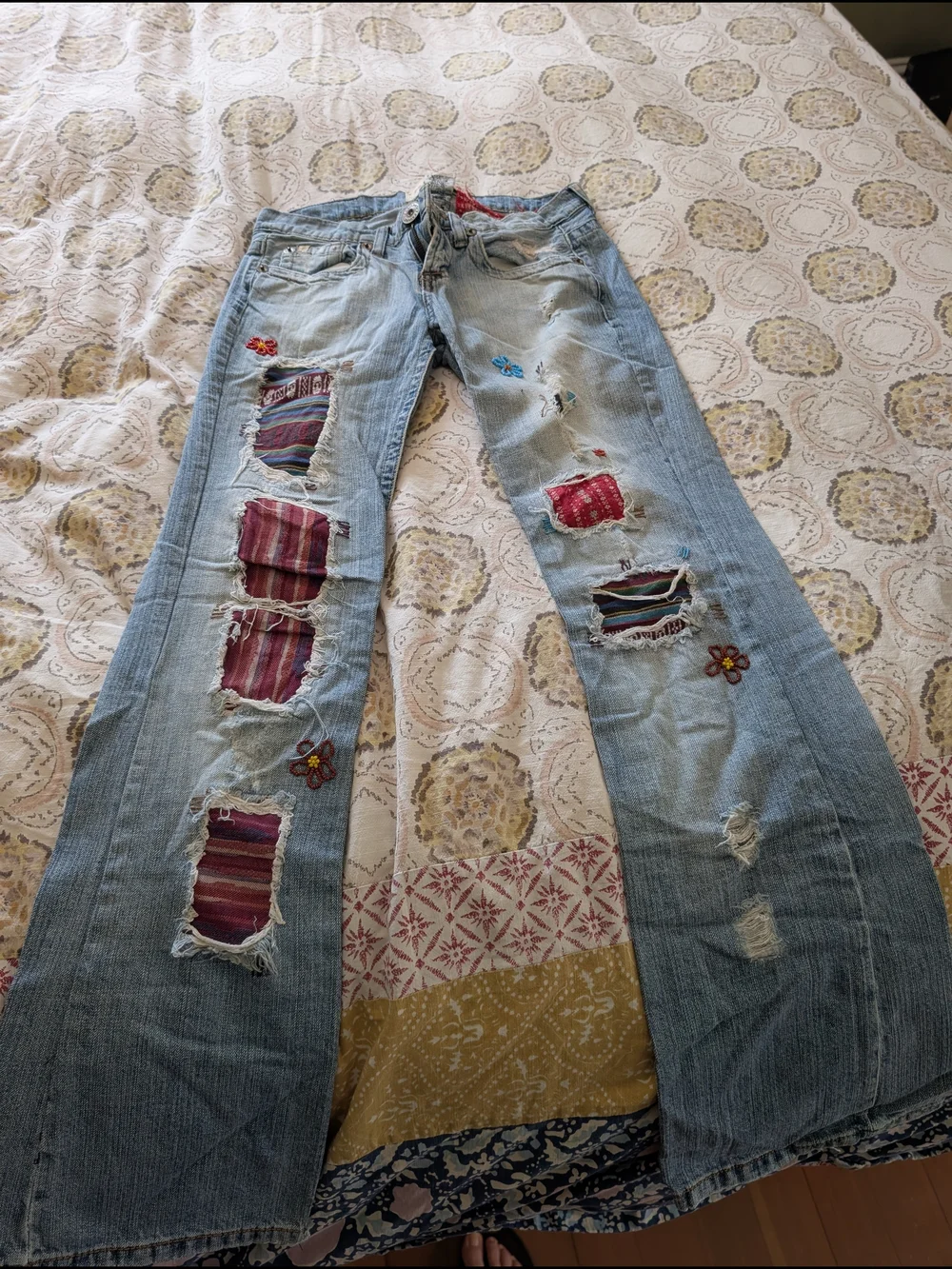 Z. Cavaricci Light Blue Distressed Flare Jeans with Patchwork - Picture 1 of 3